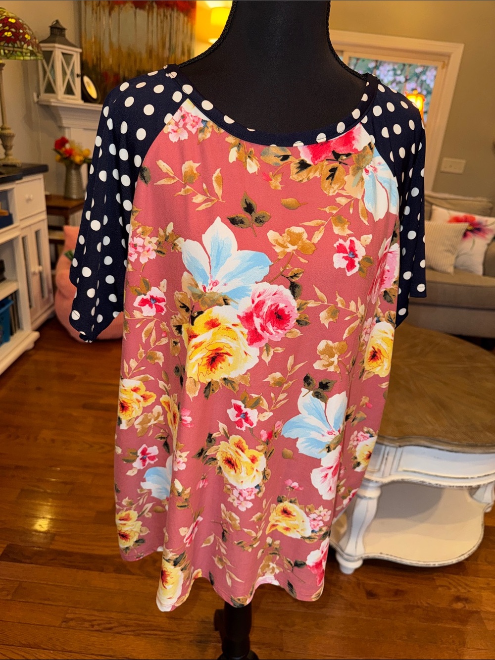 Doublju Pink Floral Top with Navy Polka Dot Trim
